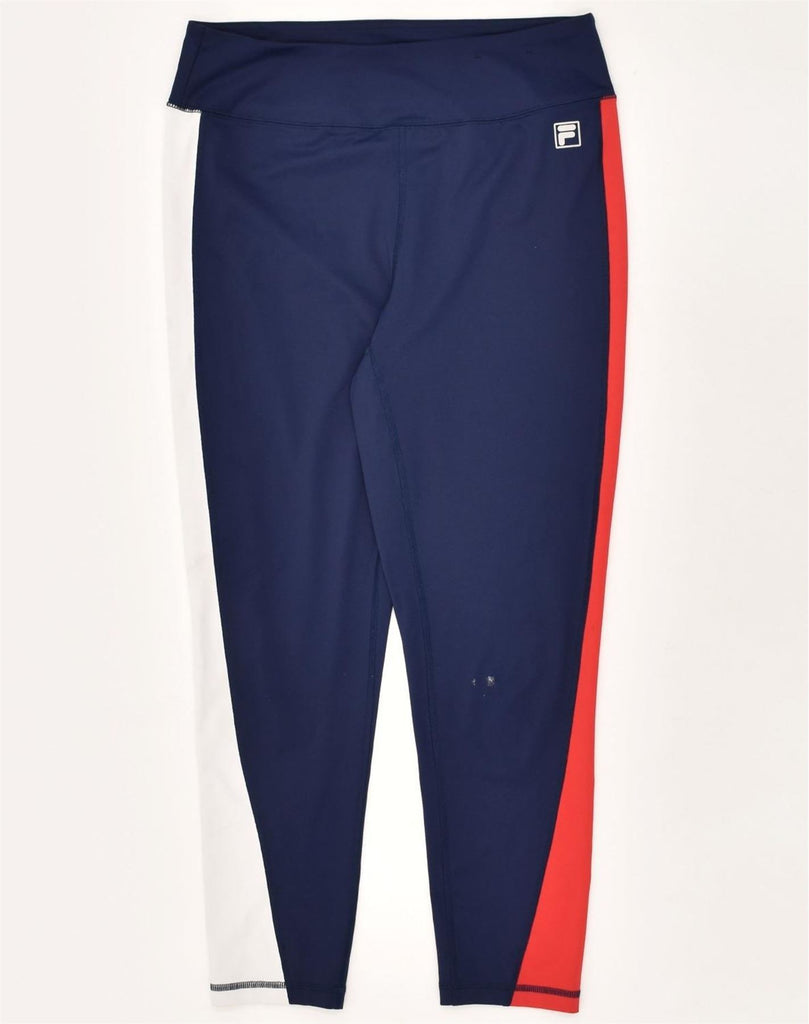 FILA Womens Tracksuit Trousers UK 14 Large Navy Blue Colourblock Polyester | Vintage Fila | Thrift | Second-Hand Fila | Used Clothing | Messina Hembry 