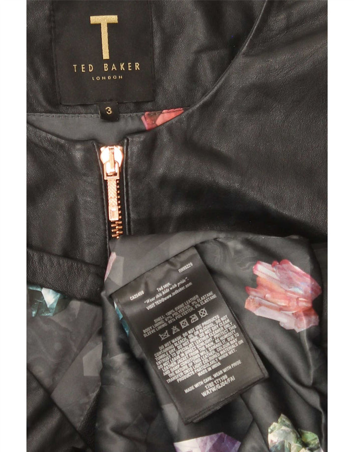 Ted Baker Womens Crop 3/4 Sleeve Leather Jacket Size 3 Medium Black