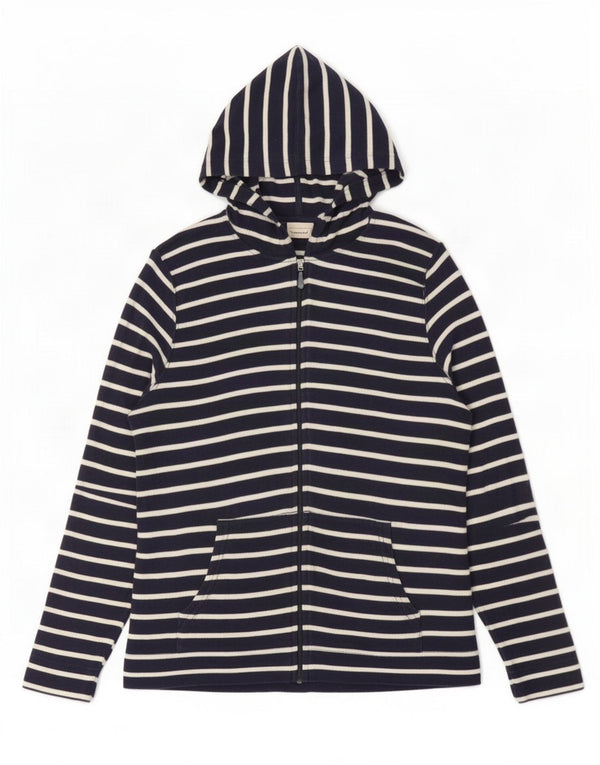 L.L.Bean Womens Zip Hoodie Sweater UK 14 Medium Navy Blue Striped Cotton