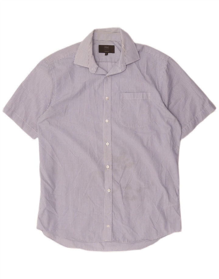 MARKS & SPENCER Mens Short Sleeve Shirt Size 41 16 Large Blue Pinstripe