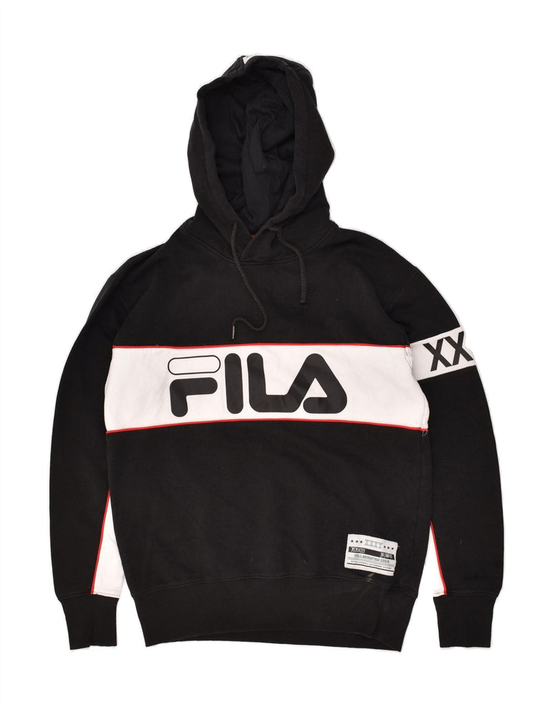 FILA Mens Graphic Hoodie Jumper Small Black Colourblock Cotton | Vintage Fila | Thrift | Second-Hand Fila | Used Clothing | Messina Hembry 