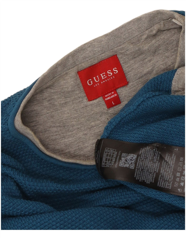 Guess Mens Top Long Sleeve Large Blue Colourblock Cotton