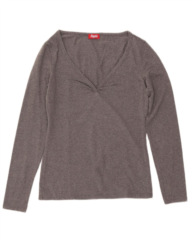 PLAYLIFE Womens Top Long Sleeve UK 12 Medium Grey Cotton