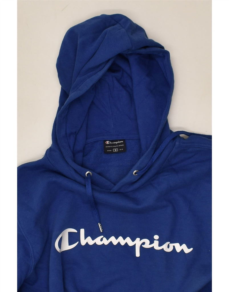 CHAMPION Mens Graphic Hoodie Jumper Medium Blue Cotton | Vintage Champion | Thrift | Second-Hand Champion | Used Clothing | Messina Hembry 