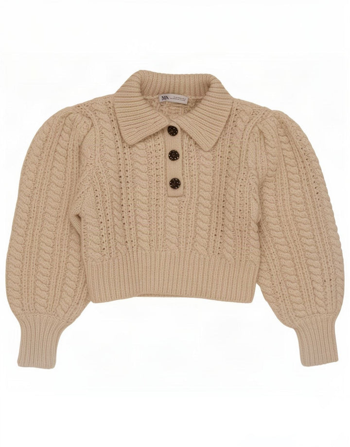 Zara Womens Crop Polo Neck Jumper Sweater UK 14 Medium Beige Polyester