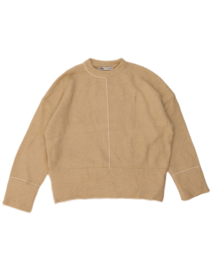 Zara Womens Oversized Crew Neck Jumper Sweater UK 14 Medium Beige Acrylic