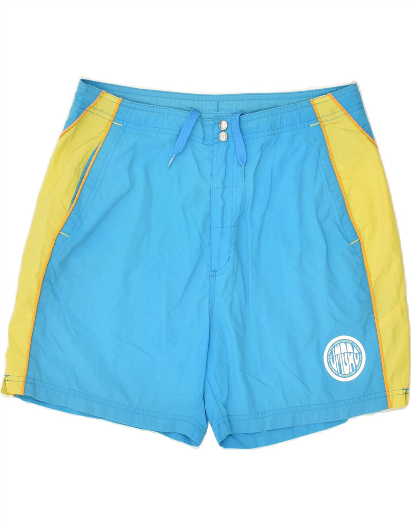 UMBRO Mens Graphic Sport Shorts Medium Blue Colourblock Nylon | Vintage Umbro | Thrift | Second-Hand Umbro | Used Clothing | Messina Hembry 