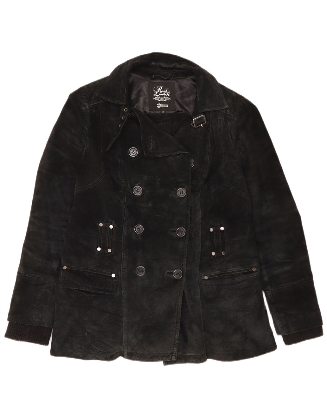 Vintage Womens Suede Pea Coat UK 18 XL Black Leather