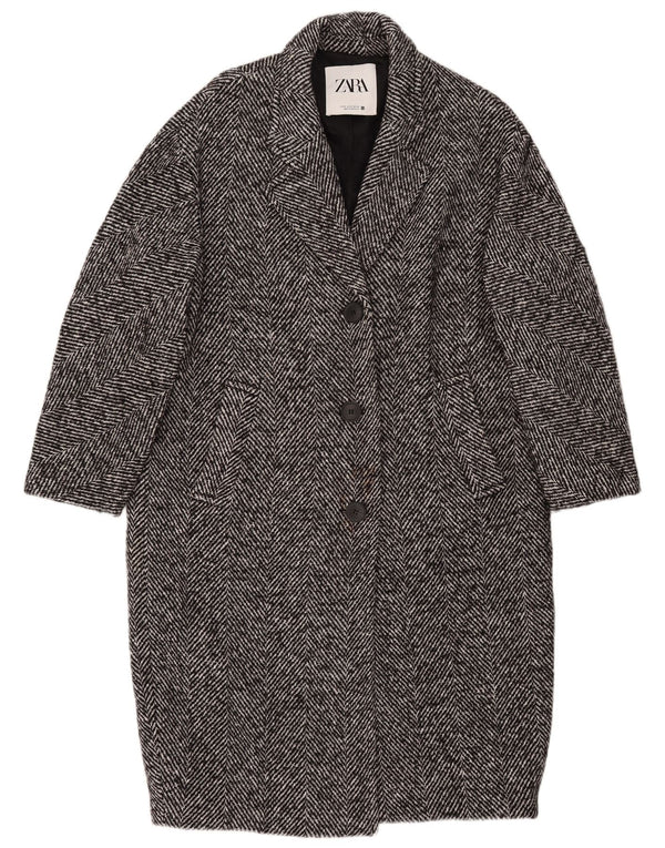 Zara Womens 3/4 Sleeve Overcoat UK 14 Medium Black Herringbone Cotton