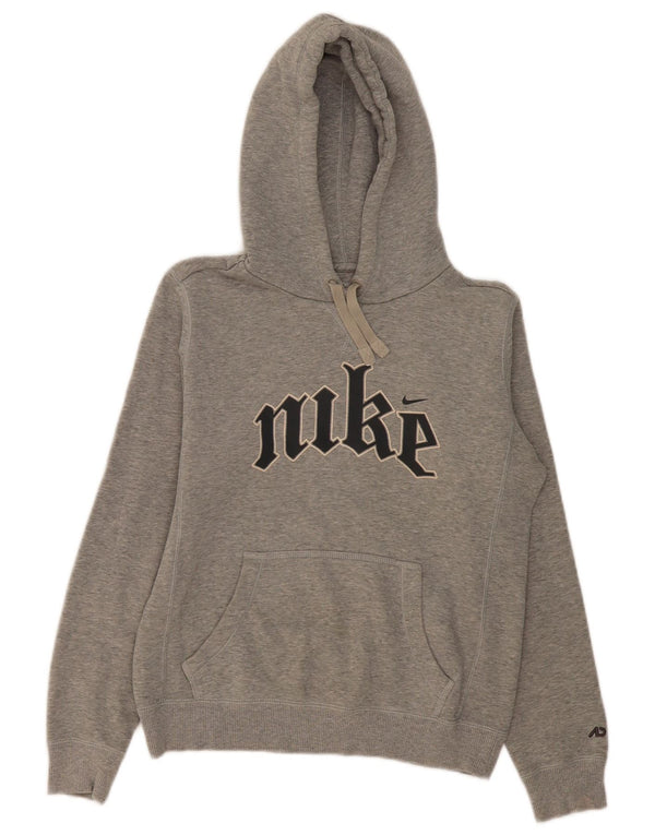 Nike Womens Crop Graphic Hoodie Jumper UK 14 Medium Grey Flecked Cotton