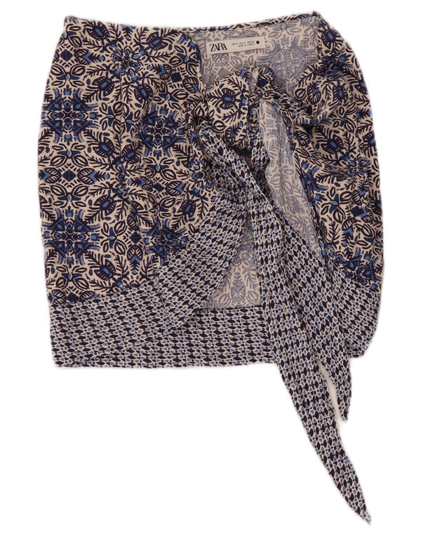 Zara Womens Wrap Skirt Small W26 Blue Floral Cotton