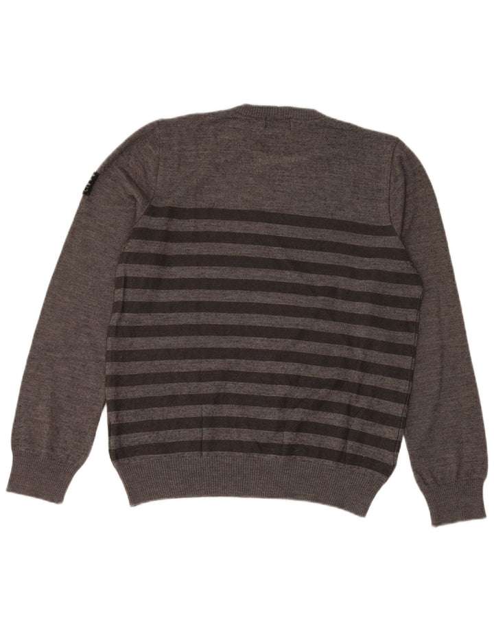 Iceberg Womens Crew Neck Jumper Sweater UK 16 Large Grey Striped Wool