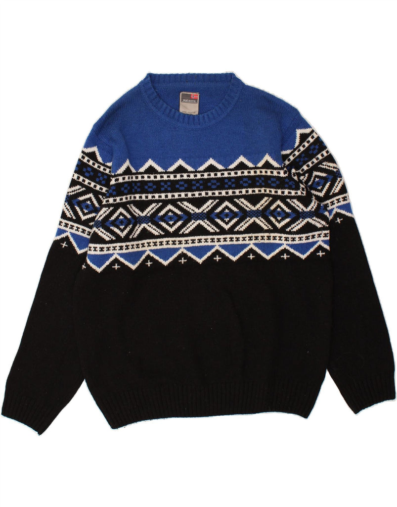 WATSONS Mens Crew Neck Jumper Sweater XL Blue Fair Isle Polyacrylic | Vintage Watsons | Thrift | Second-Hand Watsons | Used Clothing | Messina Hembry 