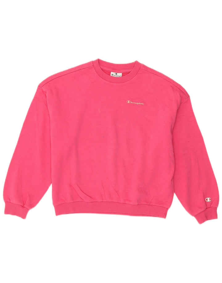 Champion Girls Graphic Sweatshirt Jumper 9-10 Years Medium Pink Cotton