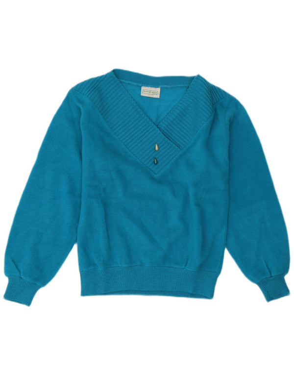 Vintage Womens V-Neck Jumper Sweater UK 12 Medium Blue Acrylic