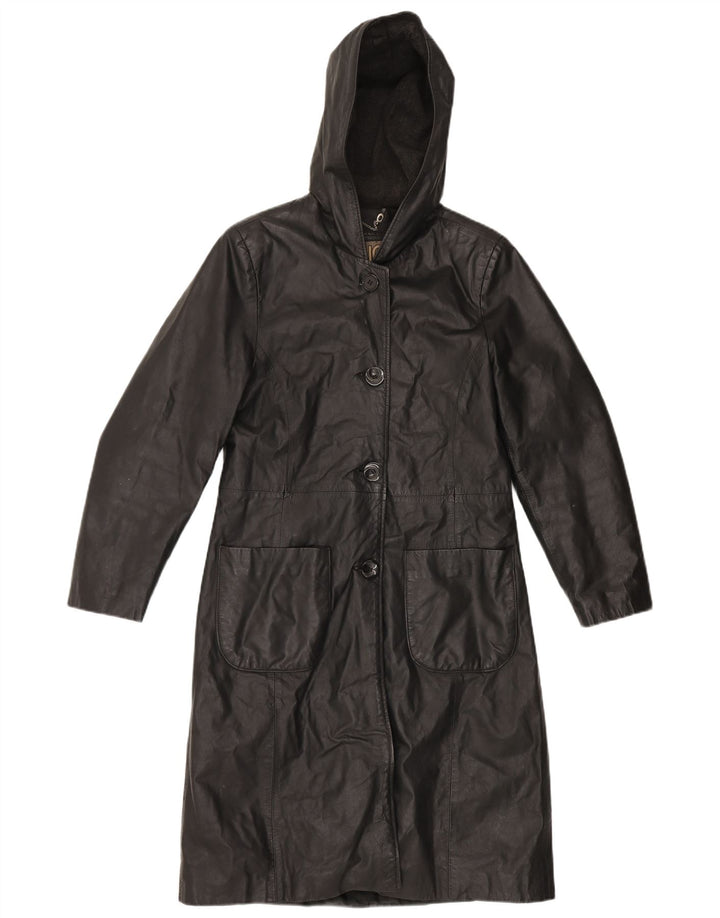 Vintage Womens Hooded Leather Coat IT 44 Medium Black Leather