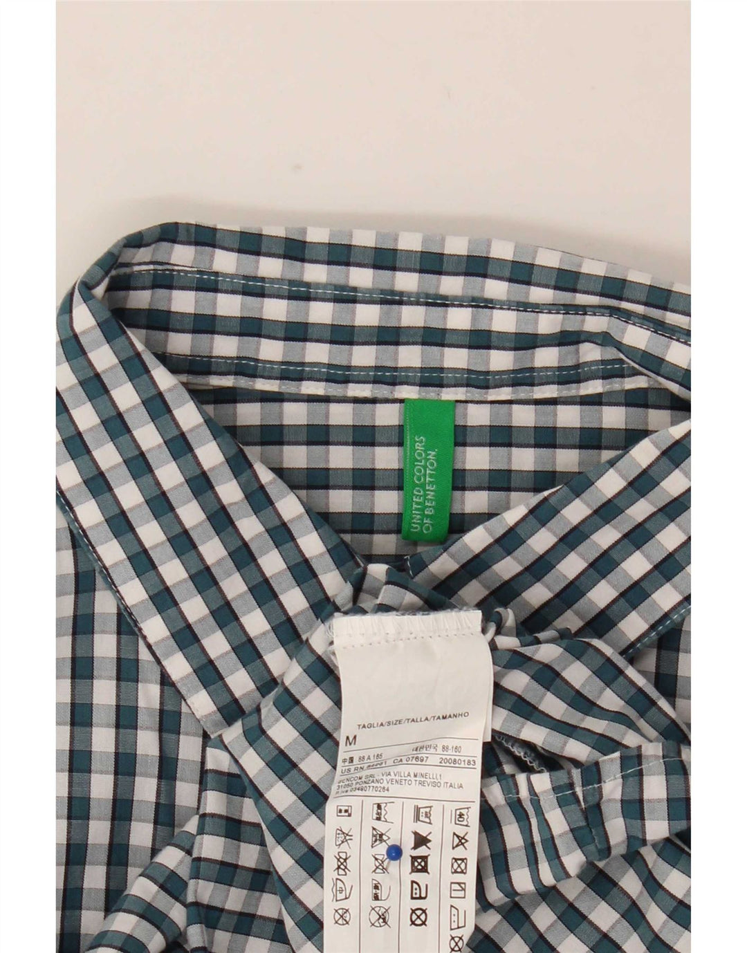 Benetton Womens Shirt UK 12 Medium Green Gingham Cotton