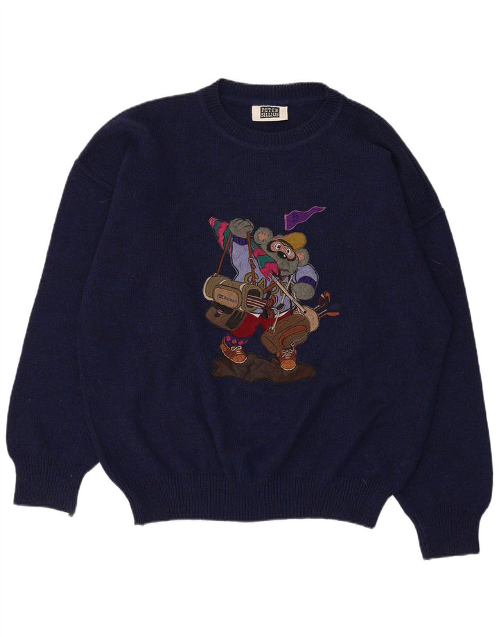 Vintage Mens Graphic Crew Neck Jumper Sweater IT 50 Medium Navy Blue