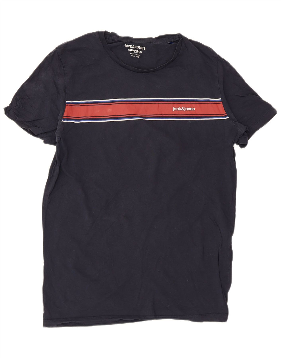 Jack & Jones Mens Graphic T-Shirt Top Medium Navy Blue Striped Cotton