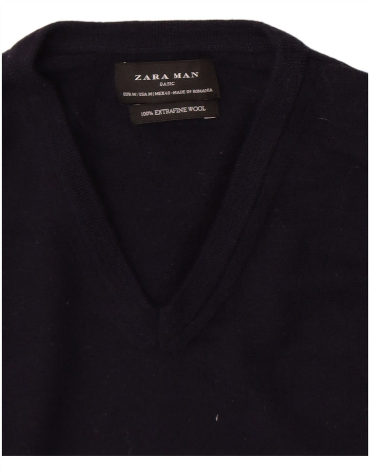 Zara Mens V-Neck Jumper Sweater Medium Navy Blue Wool