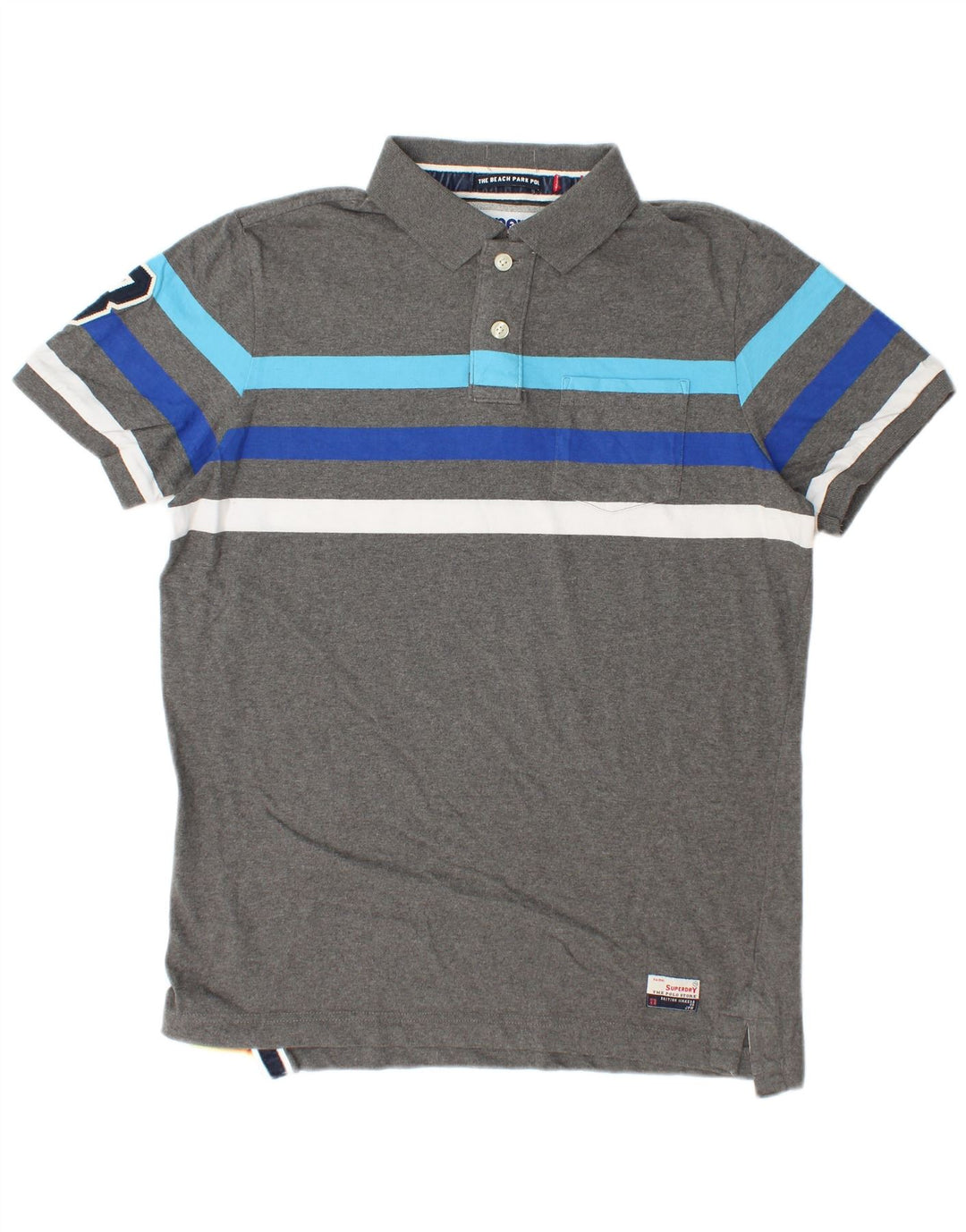 SUPERDRY Mens Graphic Polo Shirt Large Grey Striped Cotton