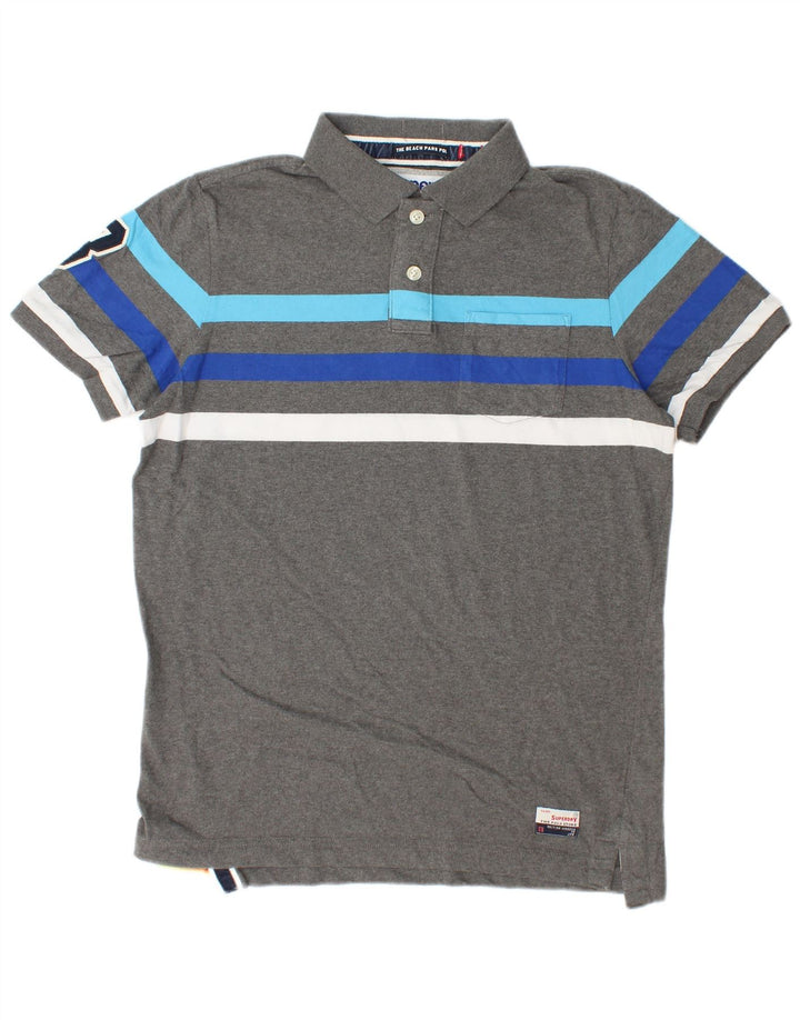 SUPERDRY Mens Graphic Polo Shirt Large Grey Striped Cotton
