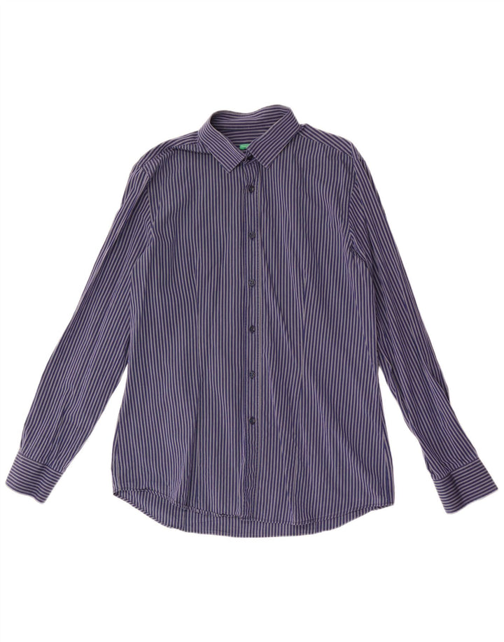 BENETTON Mens Shirt Medium Navy Blue Pinstripe