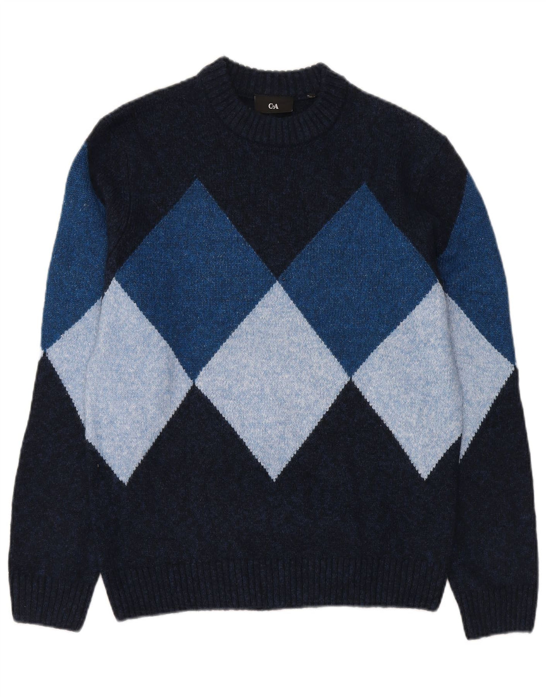 C & A Mens Crew Neck Jumper Sweater Small Navy Blue Argyle/Diamond