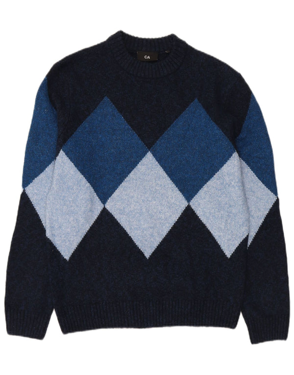 C & A Mens Crew Neck Jumper Sweater Small Navy Blue Argyle/Diamond