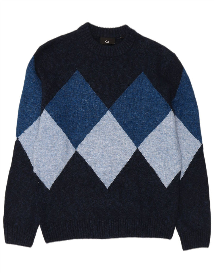 C & A Mens Crew Neck Jumper Sweater Small Navy Blue Argyle/Diamond