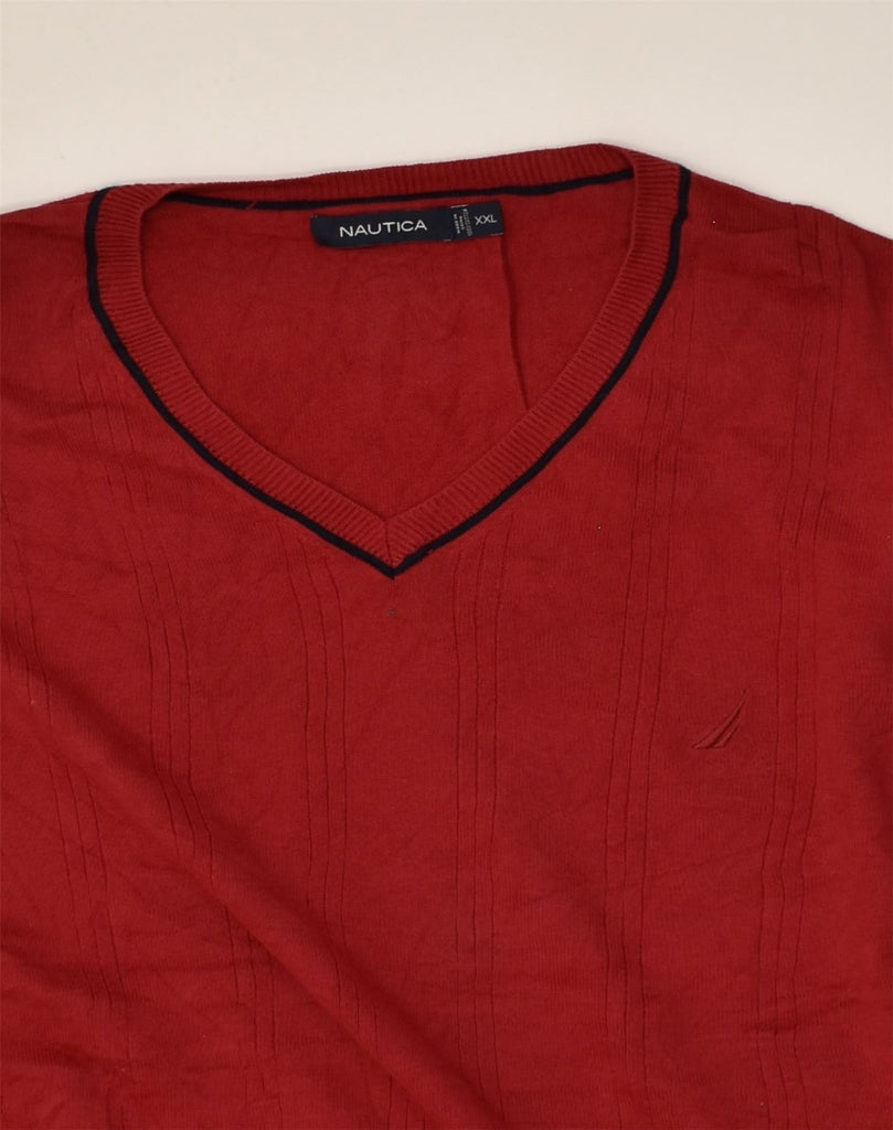 NAUTICA Mens Slim Fit V-Neck Jumper Sweater 2XL Red Cotton | Vintage Nautica | Thrift | Second-Hand Nautica | Used Clothing | Messina Hembry 