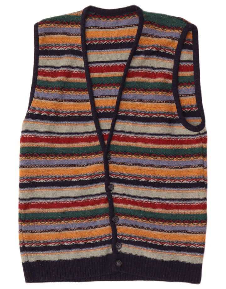 Vintage Mens Sleeveless Cardigan Sweater Medium Multicoloured Striped Wool
