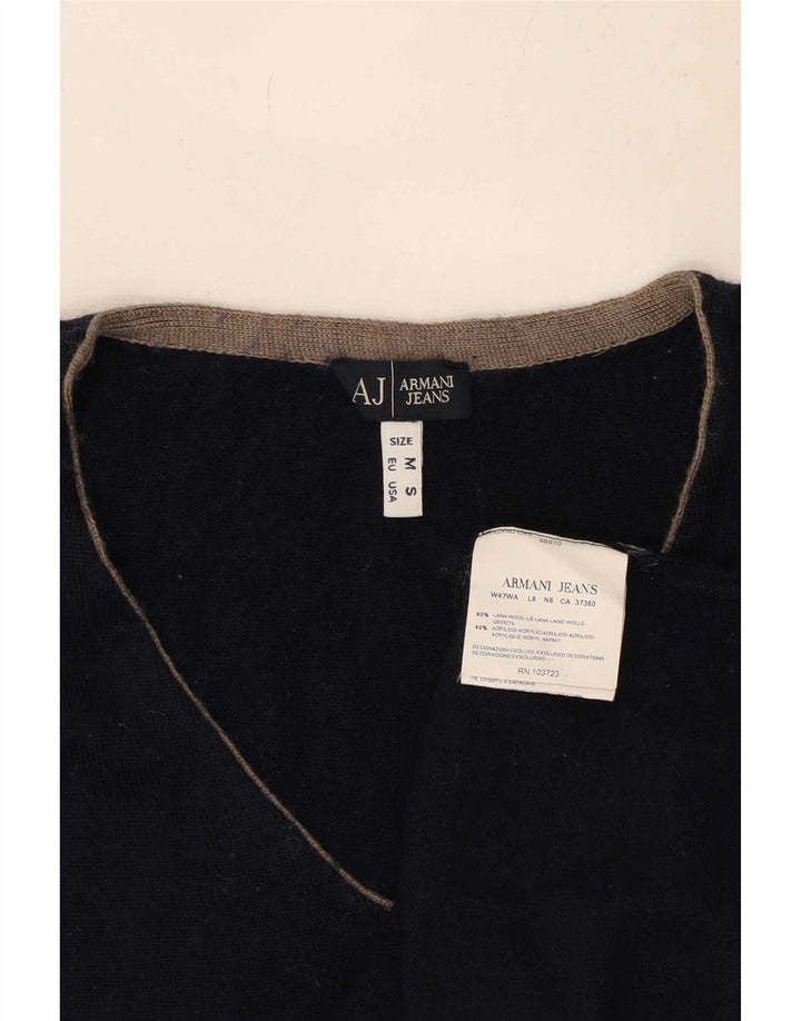 Armani Jeans Mens V-Neck Jumper Sweater Medium Navy Blue Colourblock Wool