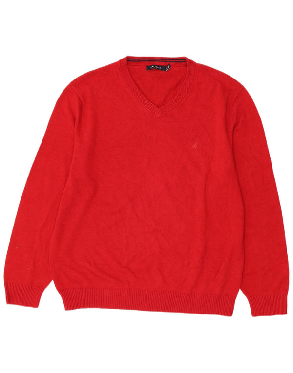 Nautica Mens V-Neck Jumper Sweater XL Red Cotton