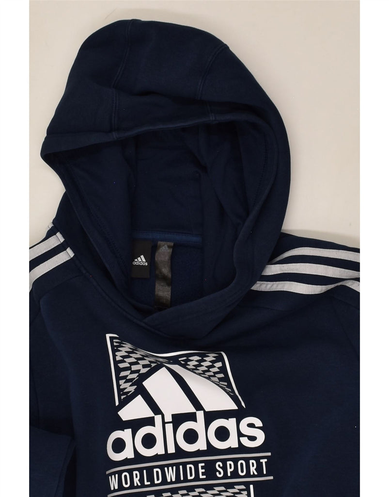 ADIDAS Boys Graphic Hoodie Jumper 13-14 Years Navy Blue Cotton | Vintage Adidas | Thrift | Second-Hand Adidas | Used Clothing | Messina Hembry 