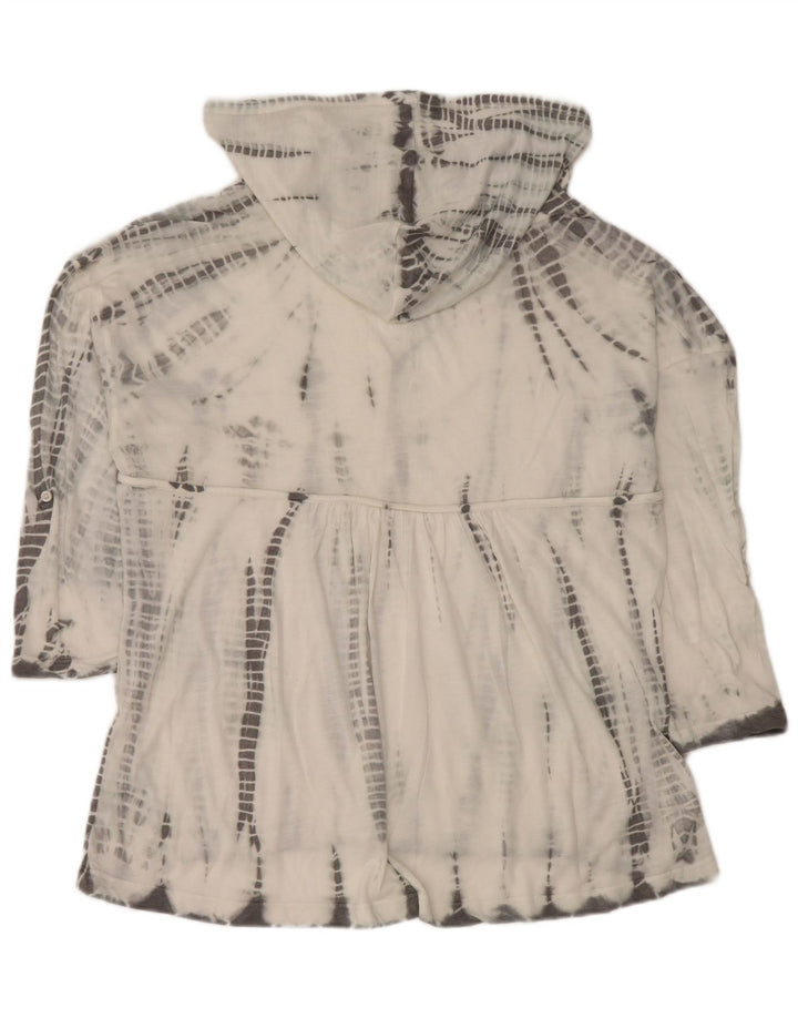 Vintage Womens Hooded Top 3/4 Sleeve UK 14 Medium White Tie Dye Polyester