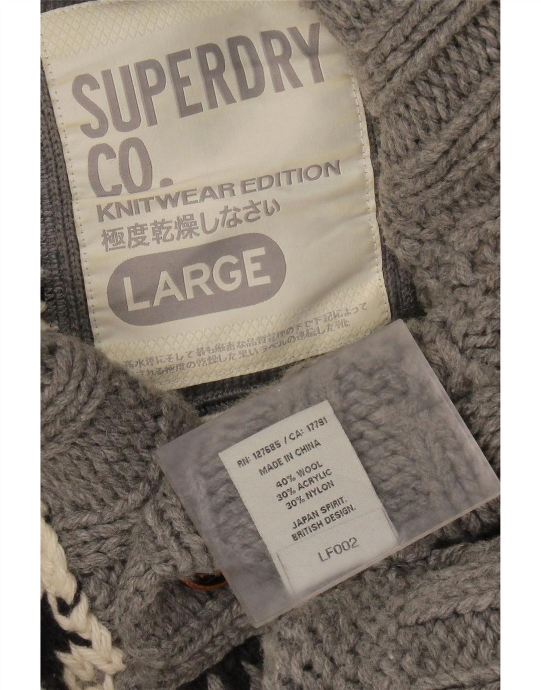 SUPERDRY Mens Button Neck Jumper Sweater Large Grey Fair Isle Wool