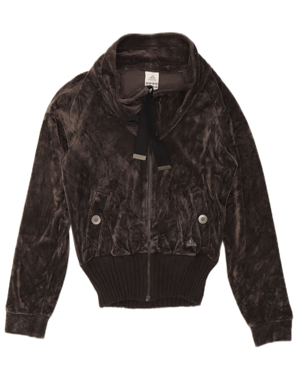 ADIDAS Womens Velvet Tracksuit Top Jacket UK 12 Medium Grey Cotton