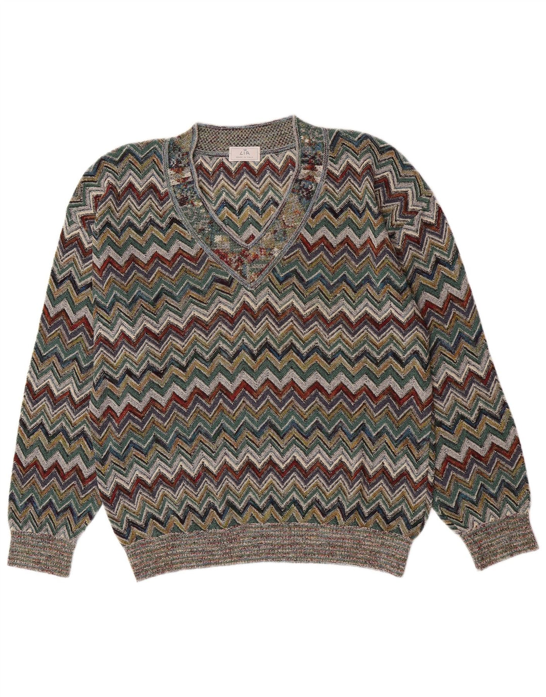Vintage Mens V-Neck Jumper Sweater Large Multicoloured Chevron Acrylic