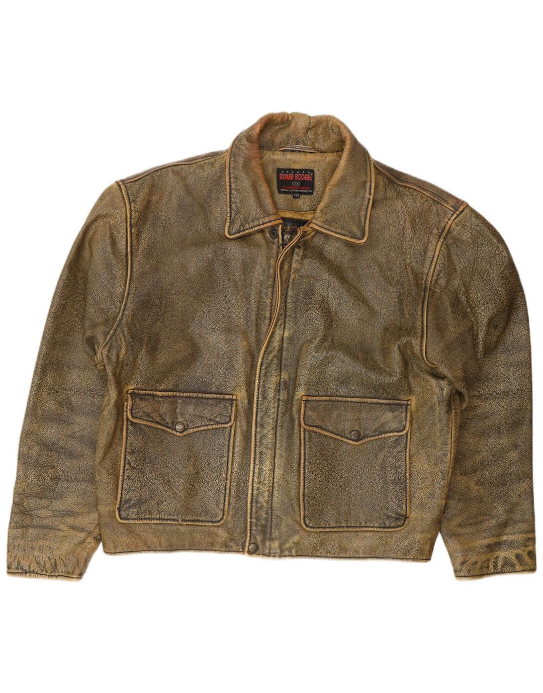 BOMB BOOGIE Mens Leather Jacket UK 44 2XL Brown Leather Biker