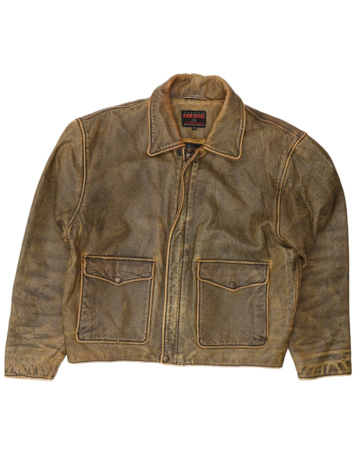 BOMB BOOGIE Mens Leather Jacket UK 44 2XL Brown Leather Biker