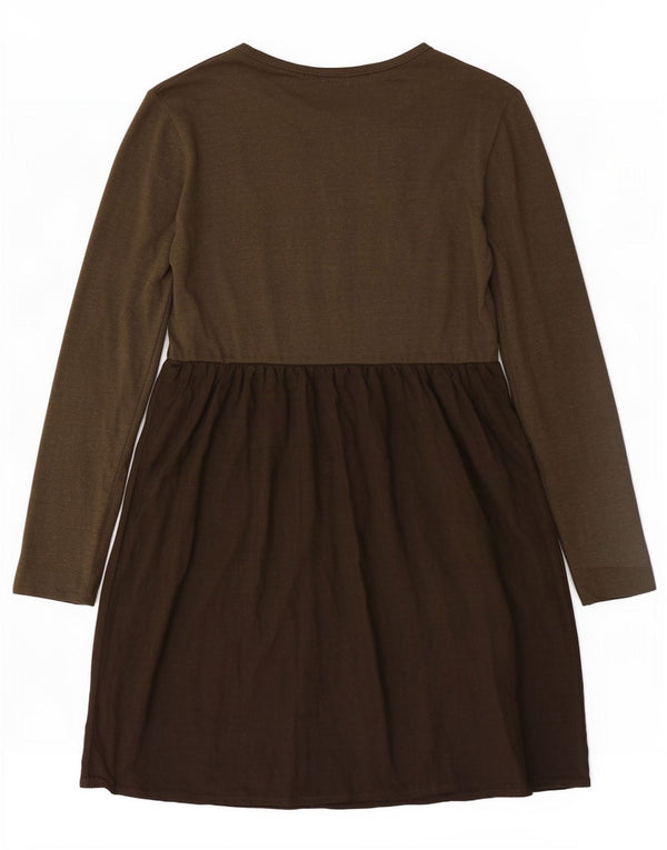 Benetton Womens Long Sleeve Basic Dress UK 10 Small Khaki Colourblock