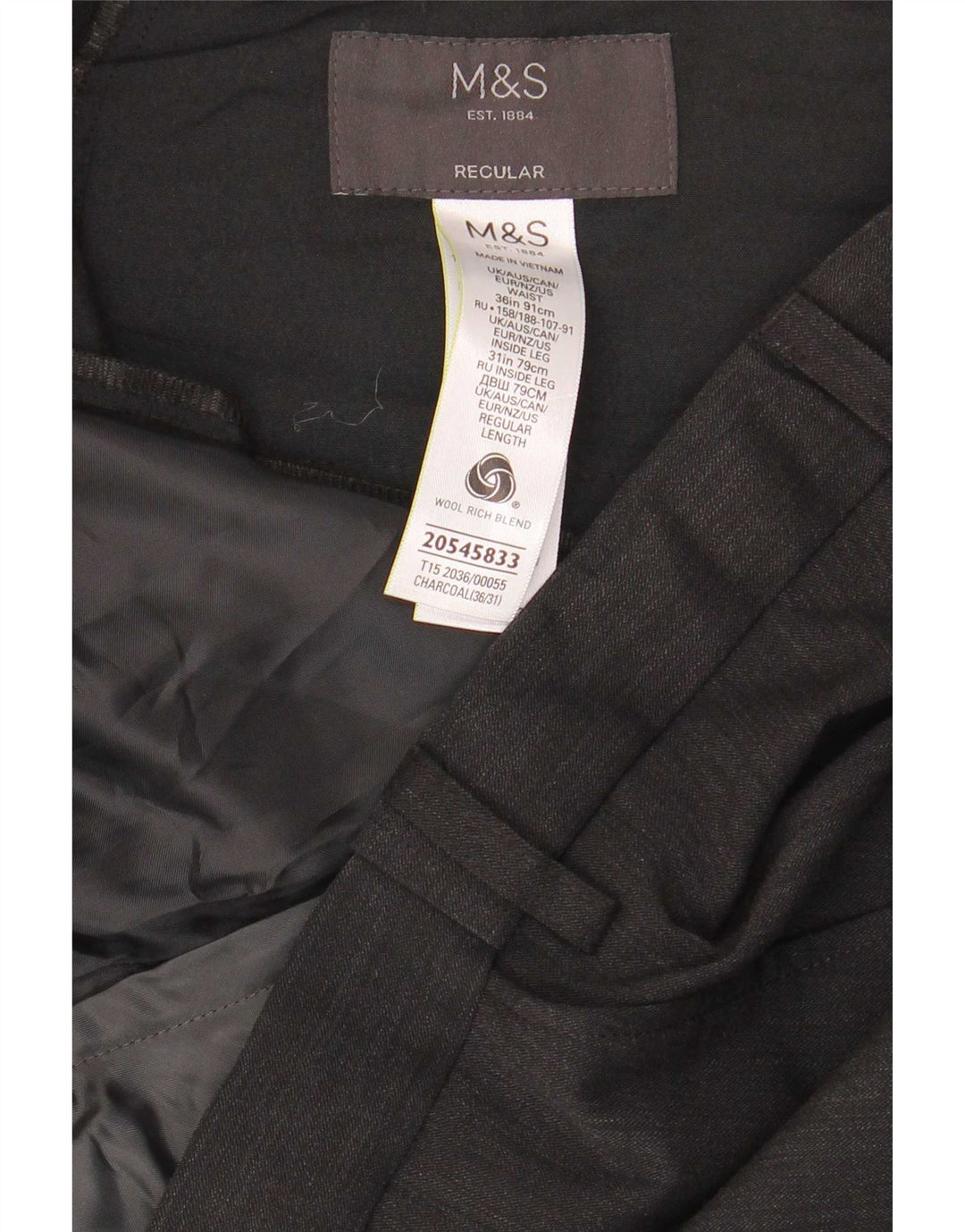 Marks & Spencer Mens Regular Fit Suit Trousers W36 L31 Grey Wool