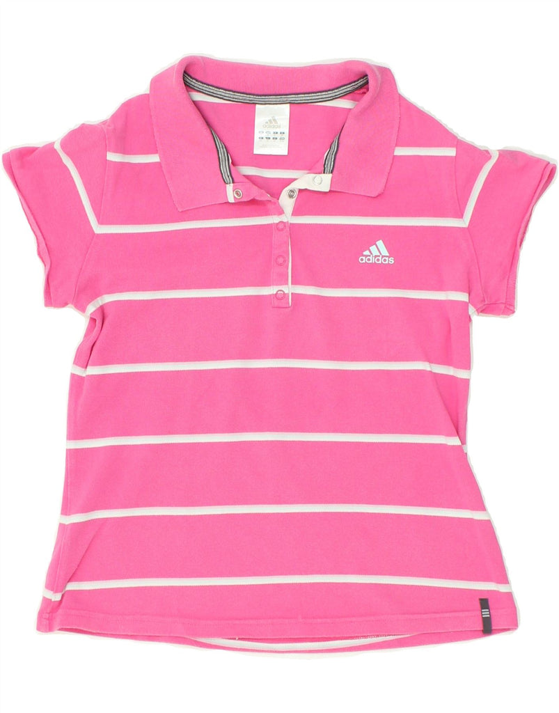 ADIDAS Womens Polo Shirt UK 14 Medium Pink Striped Cotton | Vintage Adidas | Thrift | Second-Hand Adidas | Used Clothing | Messina Hembry 