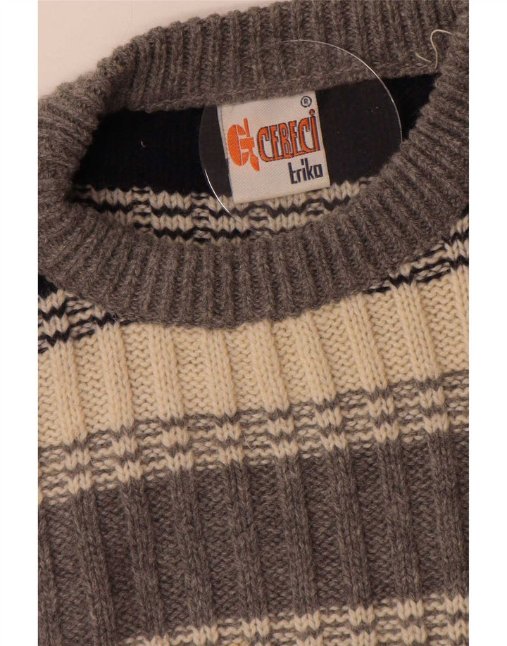 Vintage Mens Crew Neck Jumper Sweater Large Grey Striped