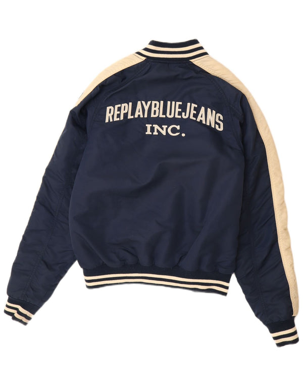 REPLAY Mens Graphic Varsity Jacket UK 38 Medium Navy Blue Colourblock