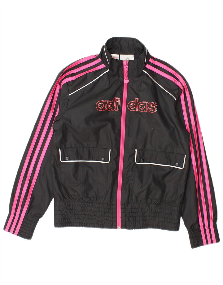 Adidas Girls Graphic Tracksuit Top Jacket 9-10 Years Black Polyester