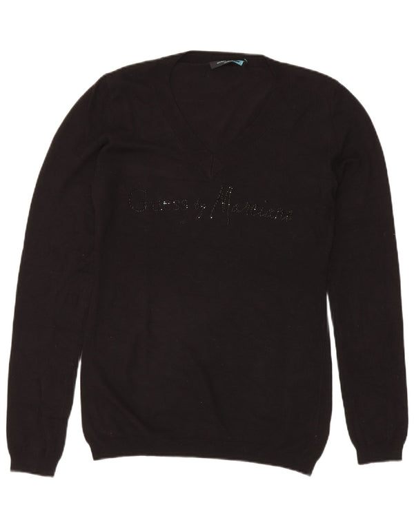 Guess By Marciano Womens Graphic V-Neck Jumper Sweater US 3 Small Black