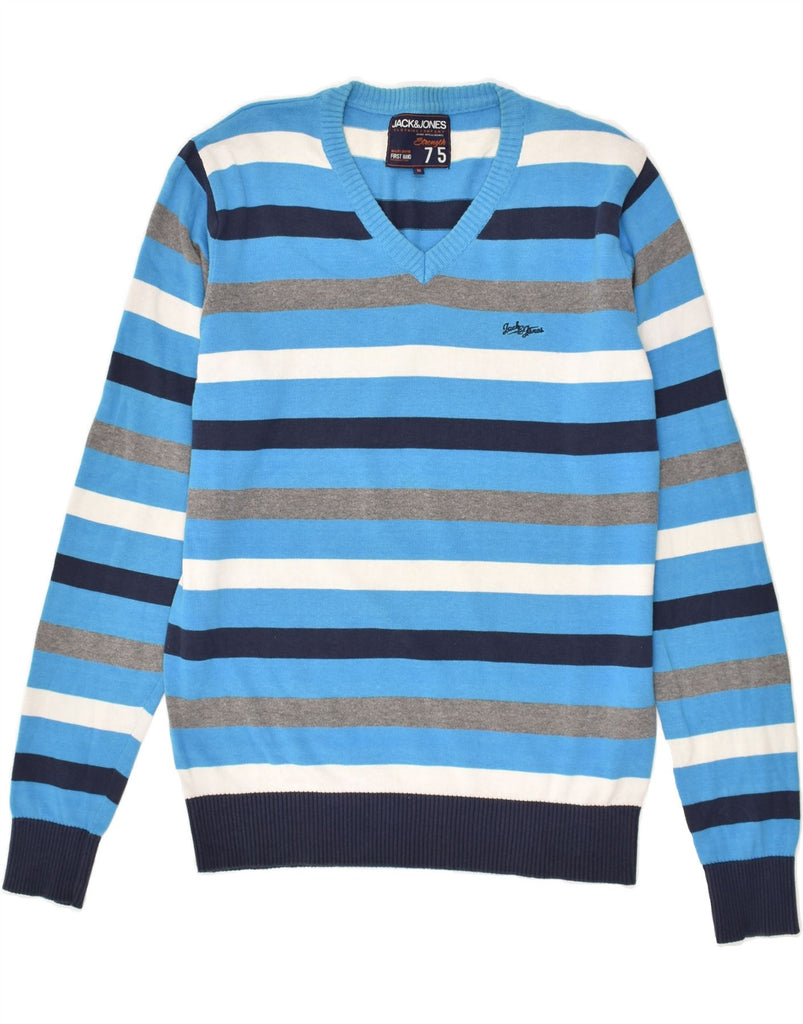 JACK & JONES Mens V-Neck Jumper Sweater Medium Blue Striped Cotton | Vintage Jack & Jones | Thrift | Second-Hand Jack & Jones | Used Clothing | Messina Hembry 