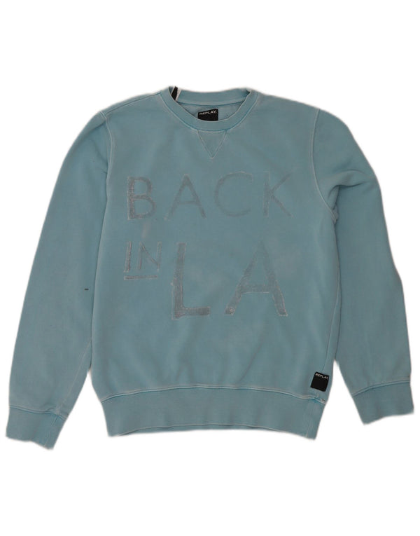 Replay Mens Graphic Sweatshirt Jumper Small Blue Cotton